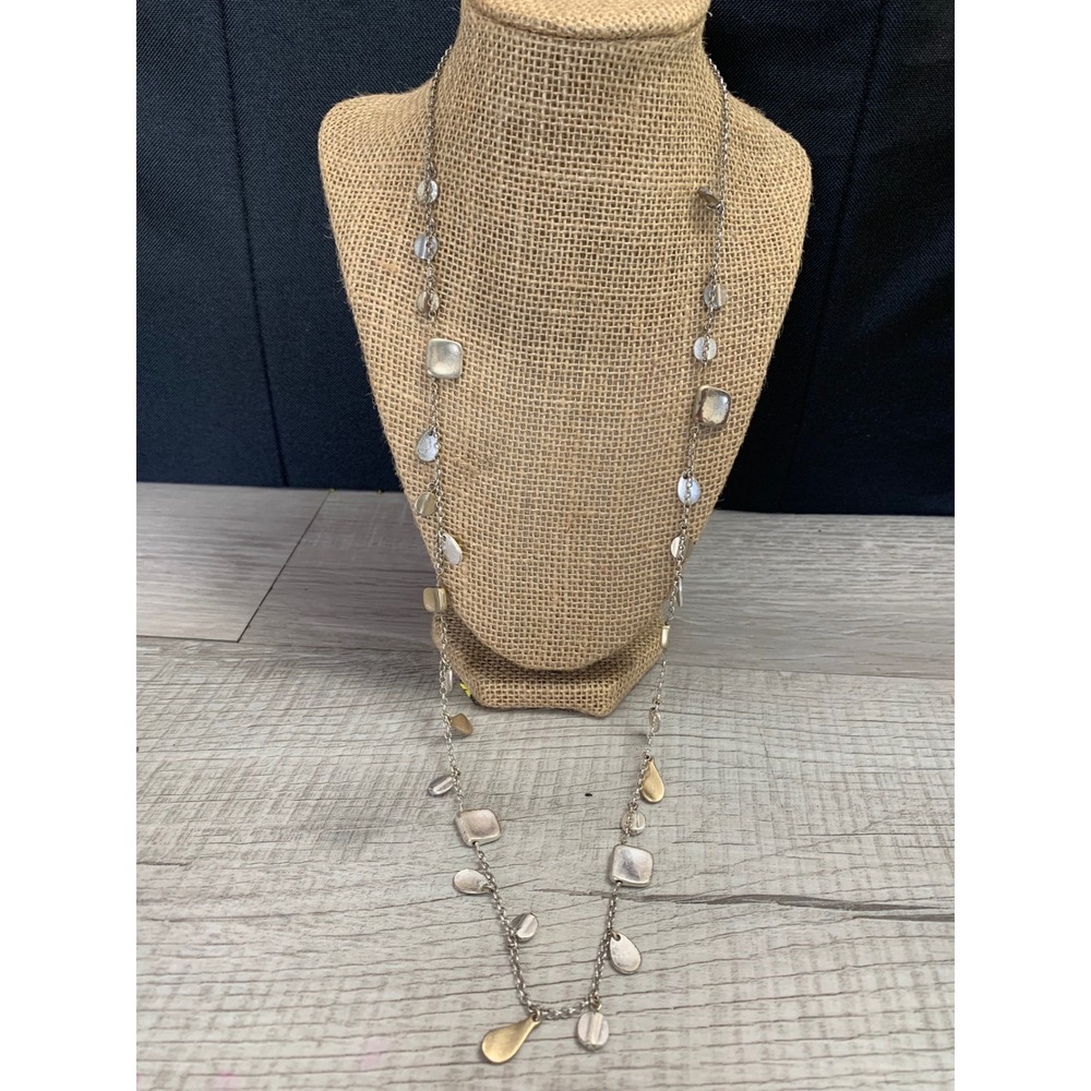 Mixed Metal Long Station Necklace Silver Gold Tone Geometric Charm Layering 36in